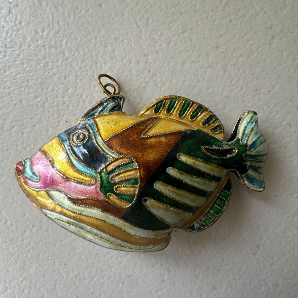 Vintage Hawaiian Humuhumunukunukuapua'a Cloisonné Enamel Metal Fish Ornament